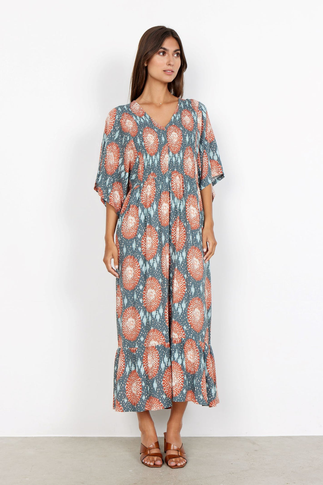 Soya Concept 40126 Green and Coral Short Sleeved Dress