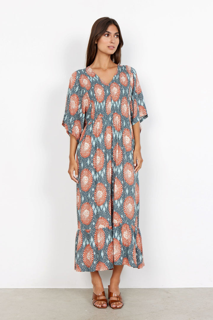 Soya Concept 40126 Green and Coral Short Sleeved Dress