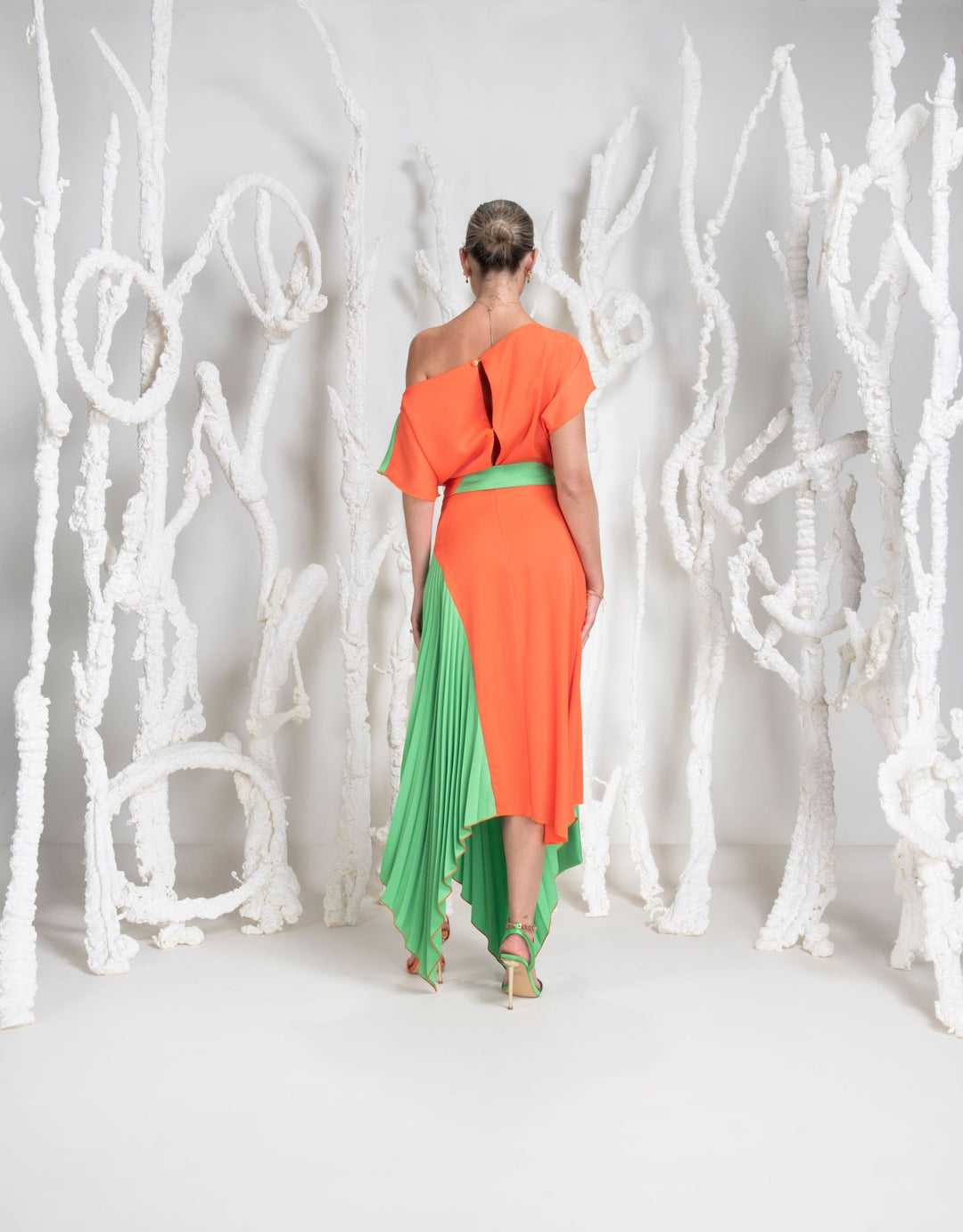 Kevan Jon Lucy Pleat Orange and Green Dress Rouge Boutique Inverness Kevan Jon Lucy Pleat Orange and Green Dress Rouge Boutique Inverness