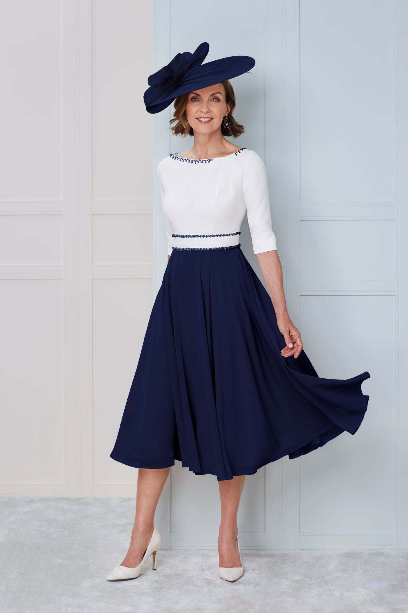 John Charles Pleat Neck Sleeved A Line Dress Navy Ivory 66314