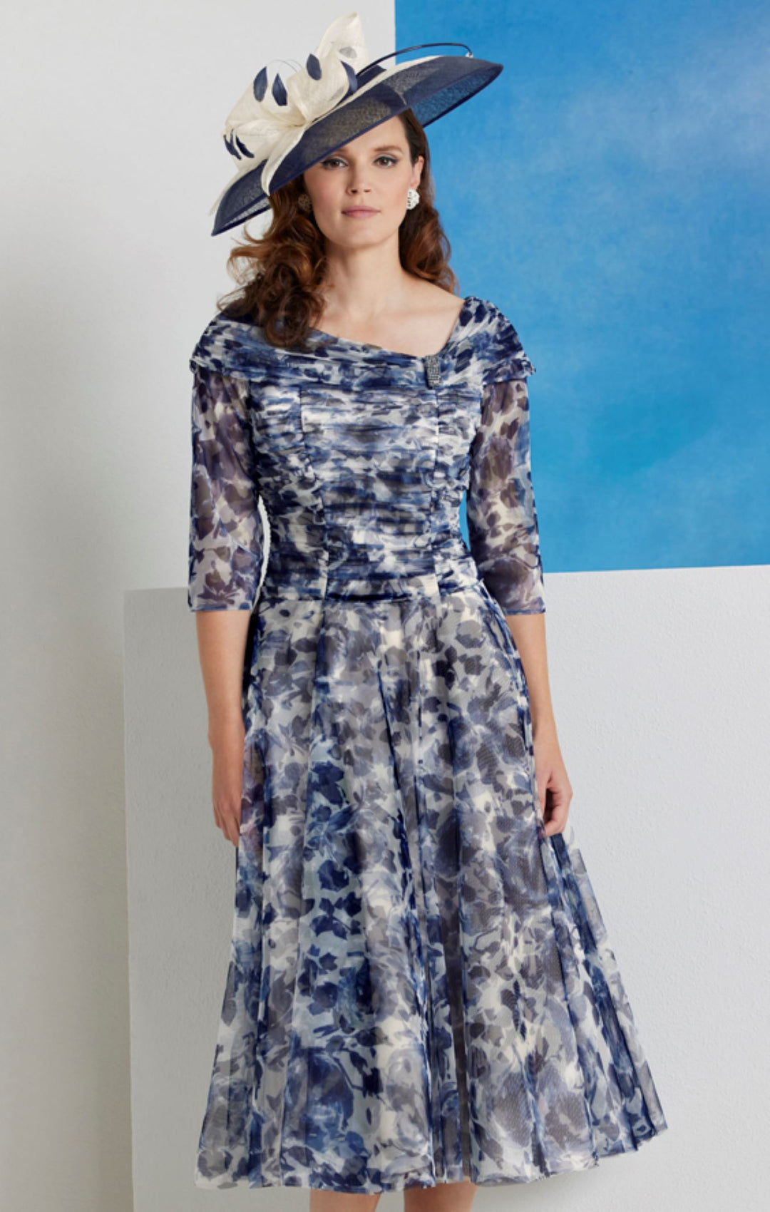 Condici 71091 Rosa Print Fit and Flare Dress Sleeves Diamonte