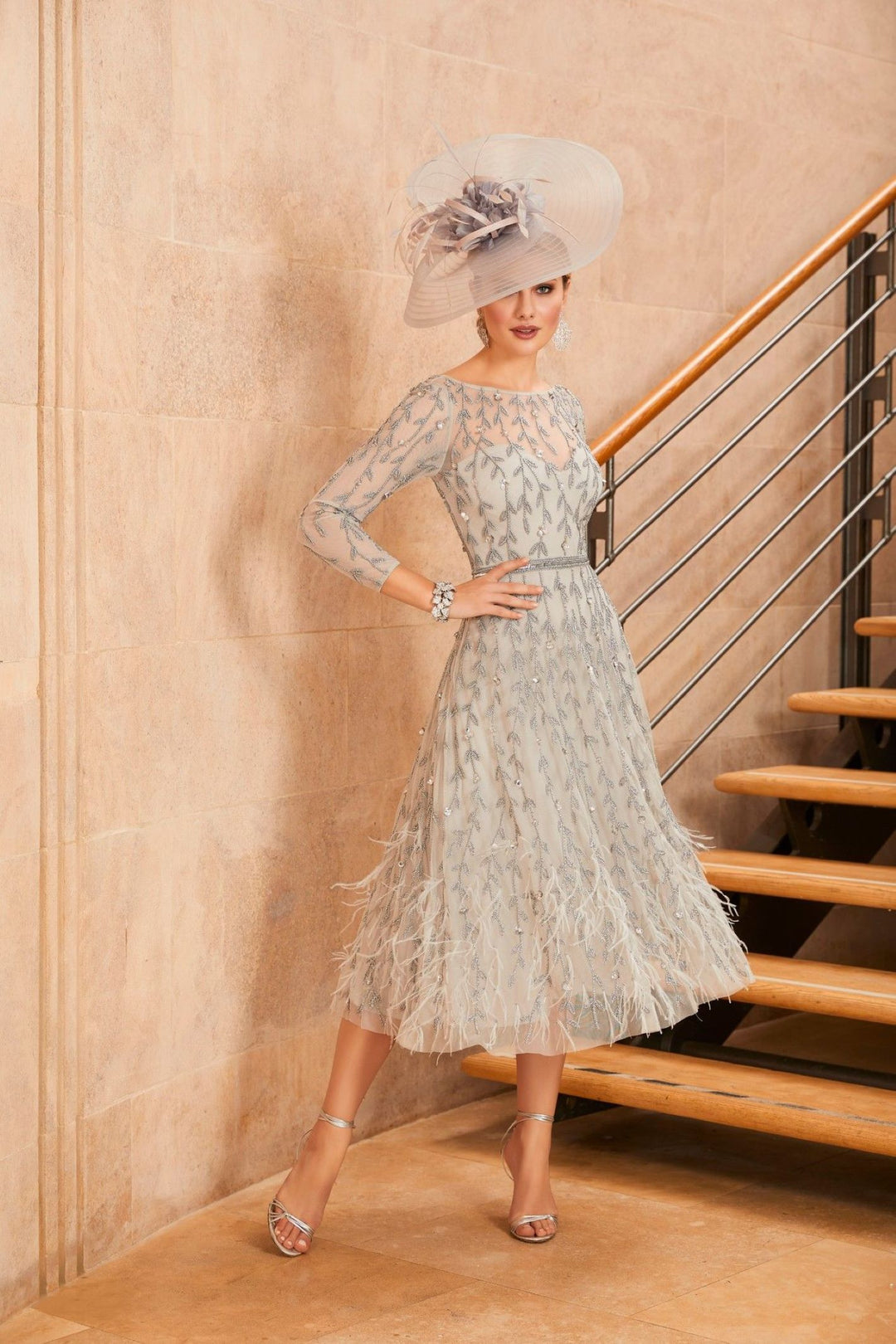 Veni Infantino Silver Dress 991919 Fit and Flair Beads and Feather