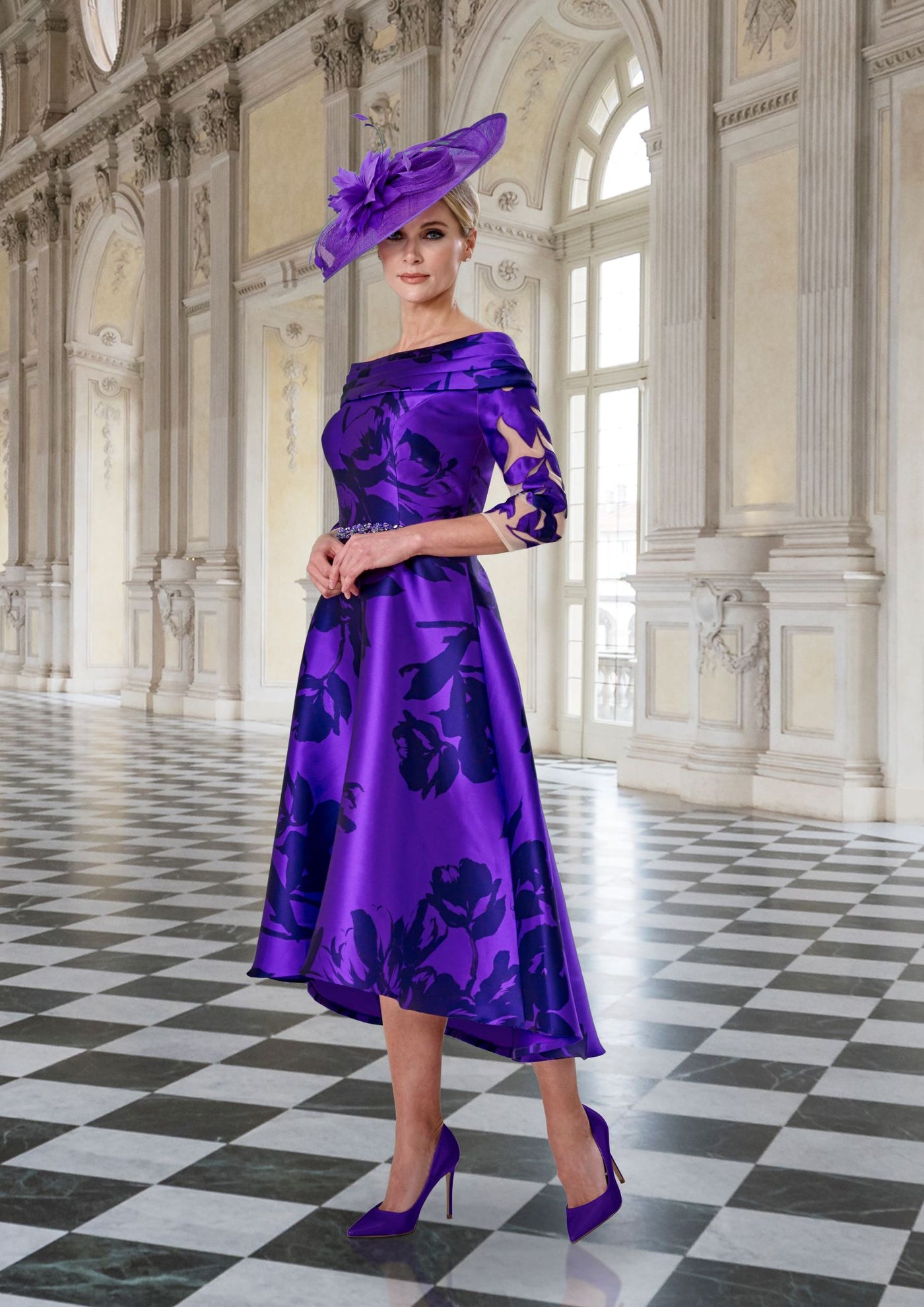 Irresistible IR1732S Purple Print High Low Wide Neck Dress Sleeve