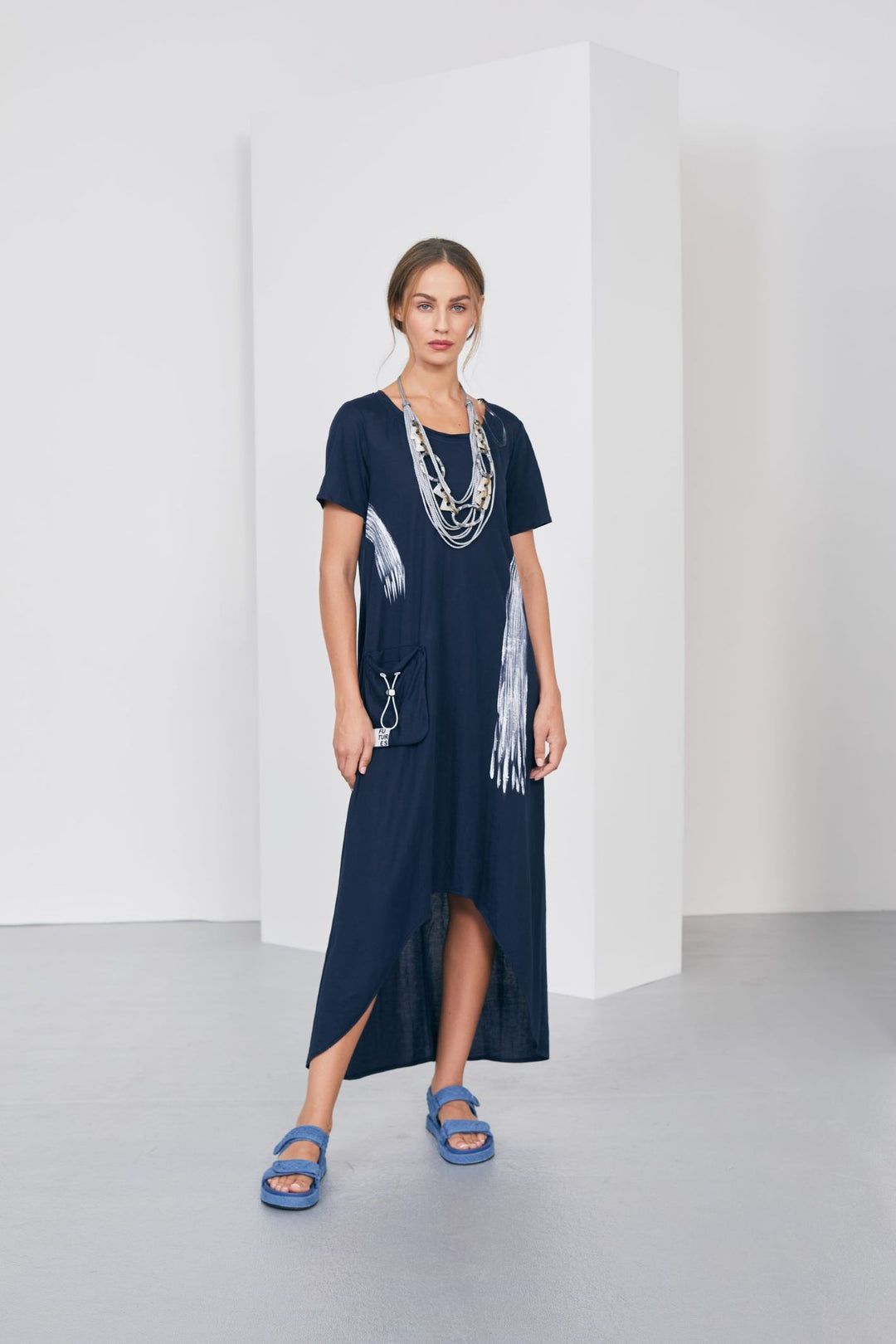 Naya NAS23233 Blue Brush Stroke Print High Low Hem