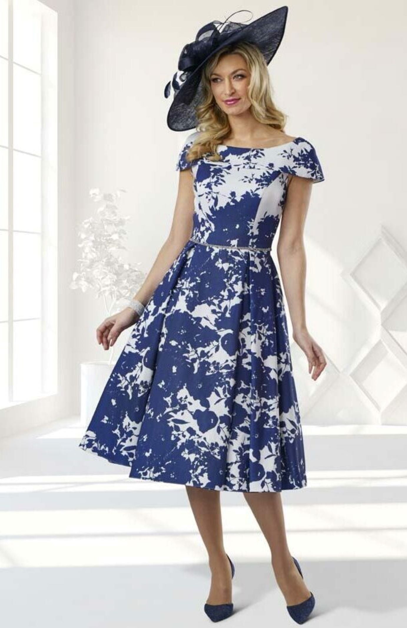 Veromia VO8124 Ivory Navy Flare Dress Midi wide neck Print