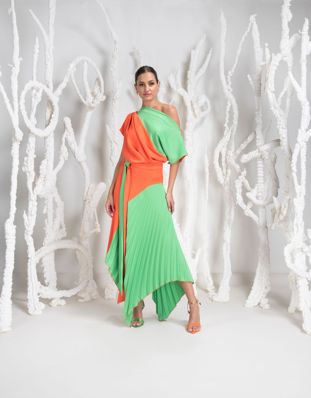 Kevan Jon Lucy Pleat Orange and Green Dress Rouge Boutique Inverness Kevan Jon Lucy Pleat Orange and Green Dress Rouge Boutique Inverness