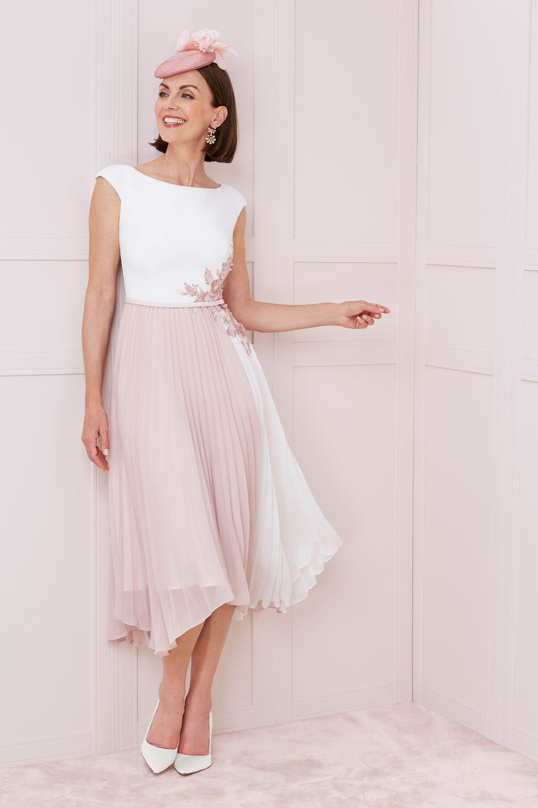 John Charles Cap Sleeve Pleated A Line Dress Ivory Rose 66309