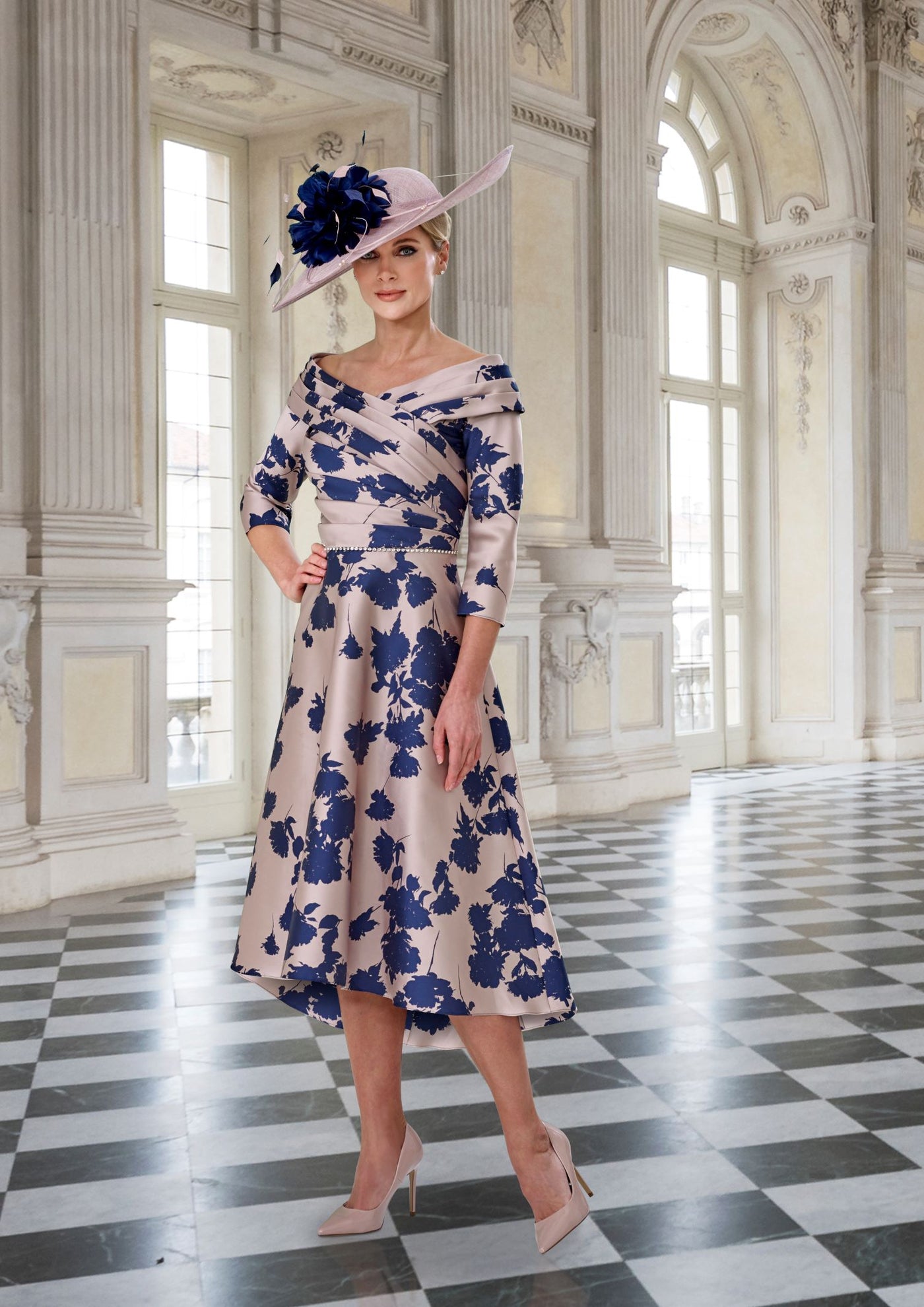 Irresistible IR7133S Soft Pink and Navy Wide Neck High Low Dress